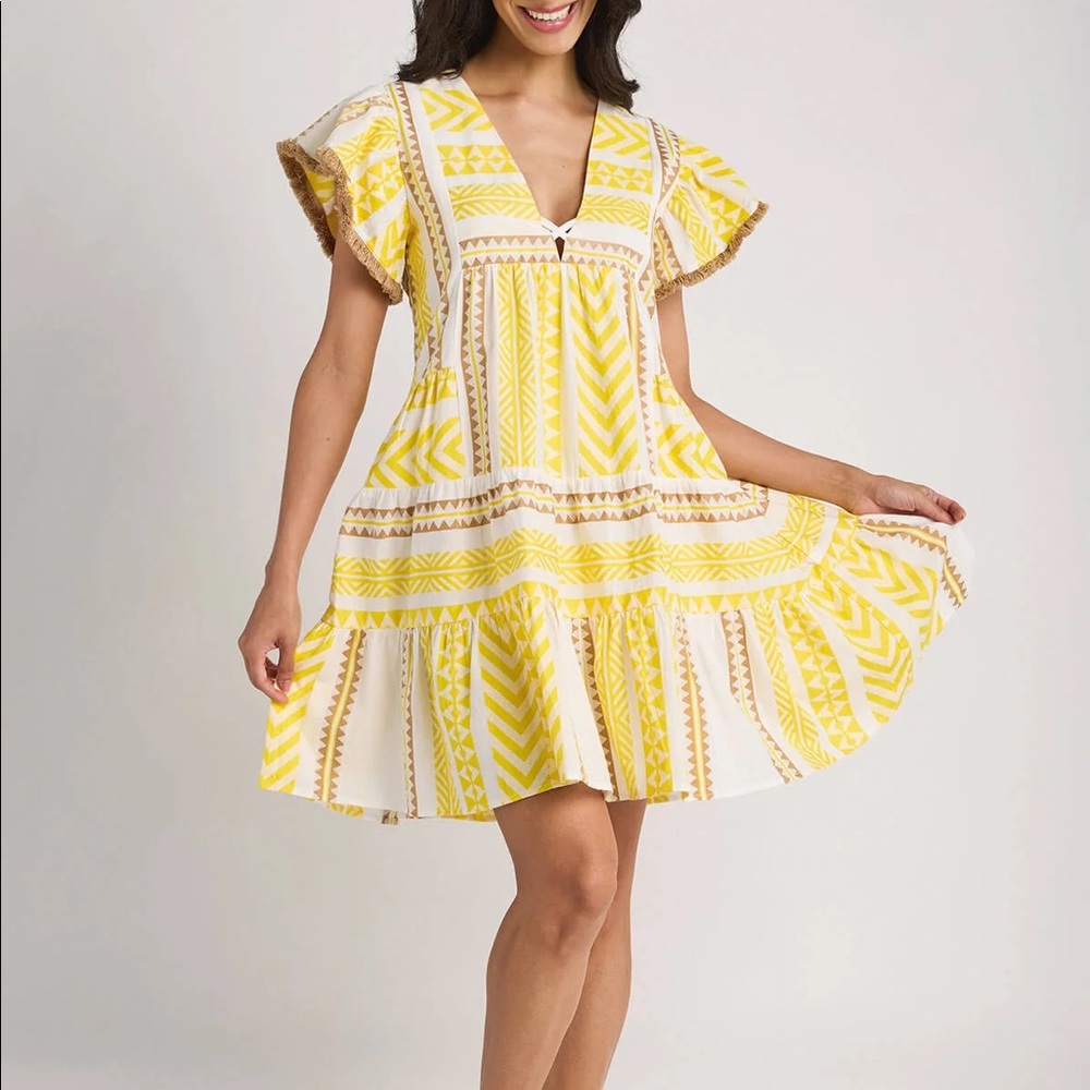 THML Flutter Sleeve Embroidered Vneck Dress